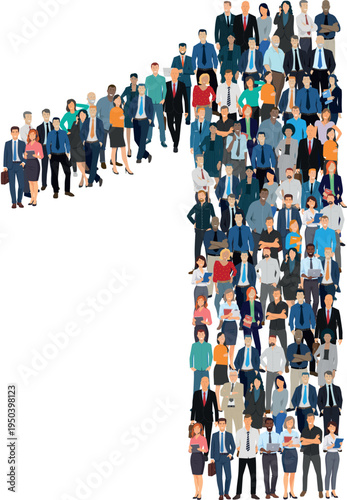 Illustration vectorielle représentant le chiffre 1 de l’alphabet constituée d’une foule de personnages d’âge, de races et de sexes différents. Employés d'une entreprise, salariés ou cadres.