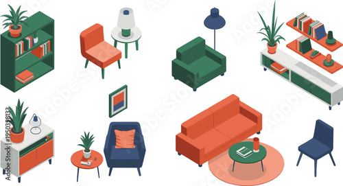 Modern living room furniture set, sofa armchair bookshelf lamp table isometric flat vector illustration collection for stylish home interior