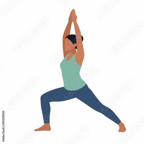 A focused South Asian adult woman practicing Warrior II yoga pose alone in a minimalist indoor gym during the morning, wearing a green top and blue leggings for wellness. Healthy lifestyle concept.
