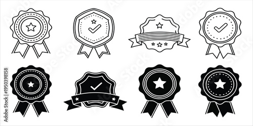 Collection of black and white ribbon badges with checkmarks and stars