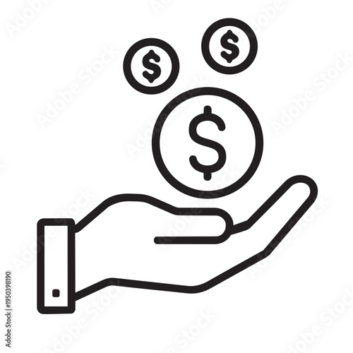 Hand holding falling coins icon symbolizing finance, savings, and income