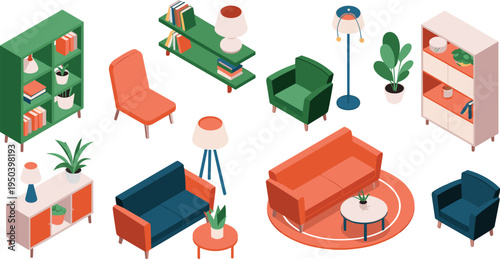 Modern living room furniture set, sofa armchair chair bookshelf lamp isometric flat vector illustration collection for stylish home interior