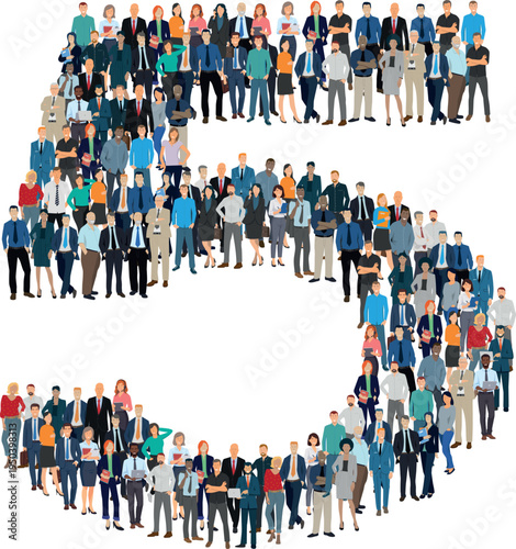 Illustration vectorielle représentant le chiffre 5 de l’alphabet constituée d’une foule de personnages d’âge, de races et de sexes différents. Employés d'une entreprise, salariés ou cadres.