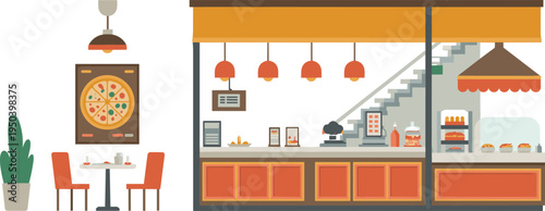 Modern pizza restaurant interior flat illustration, cafe counter fast food shop bakery display furniture vector dining scene