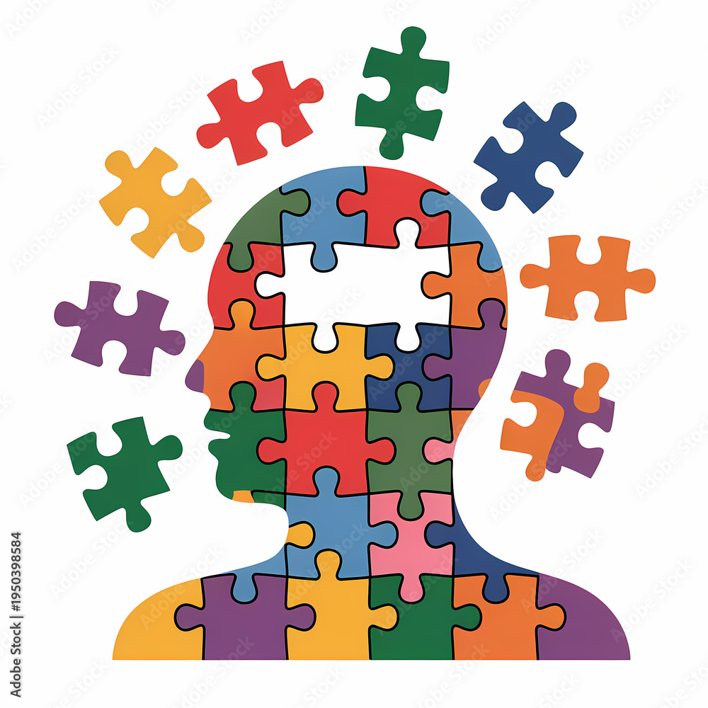 Naklejka premium Conceptual illustration of a human head silhouette made of colorful puzzle pieces with missing parts.