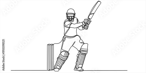 Continuous One Line Drawing of Cricket Batter Hitting Ball