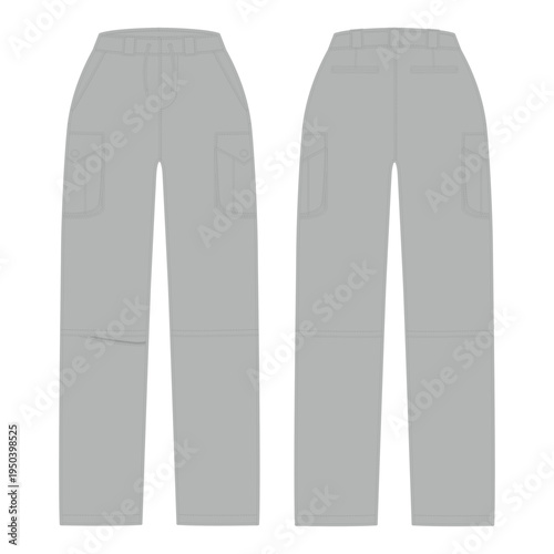 Utility cargo pants front and back view vector mockup template. Casual streetwear trousers flat sketch illustration for clothing brand tech pack and fashion production.