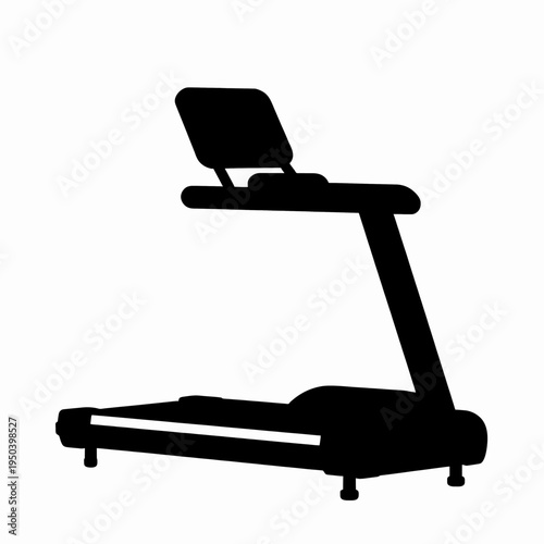 Flat vector illustration of a single black treadmill for indoor cardio workout, minimalist gym equipment icon representing health, fitness, and active lifestyle, isolated on white background.