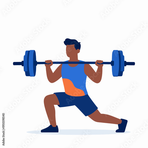 Flat vector illustration of an athletic Black man performing a weighted lunge with a barbell in a gym setting, wearing a blue tank top and yellow shorts, focusing on strength and fitness.