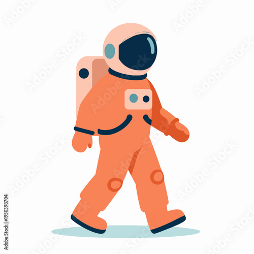 Flat vector illustration of a single adult astronaut in an orange space suit walking, minimalist space exploration concept, isolated on white background