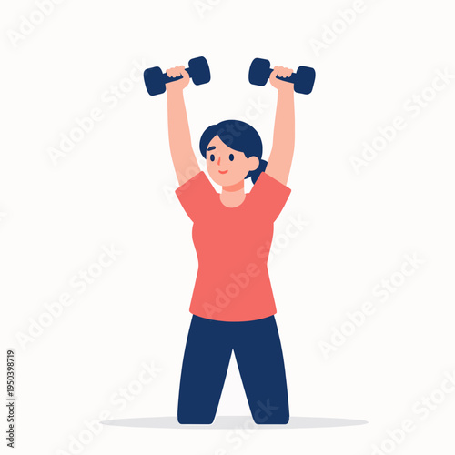 A fit young White woman performing an overhead press exercise with dumbbells in a minimalist gym setting, showcasing strength and fitness for physical therapy and wellness.