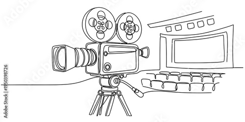 Continuous One Line Drawing of Vintage Movie Camera in Theater