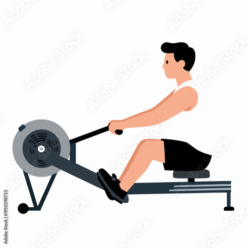 Athletic Southeast Asian adult man in a white tank top and black shorts using a rowing machine for a cardio workout at the gym, focused and determined mood, flat vector fitness illustration.