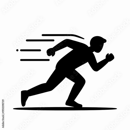 Minimalist flat vector illustration of a determined Black African American adult man sprinting fast, representing speed and fitness, clean black lines isolated on a white background.