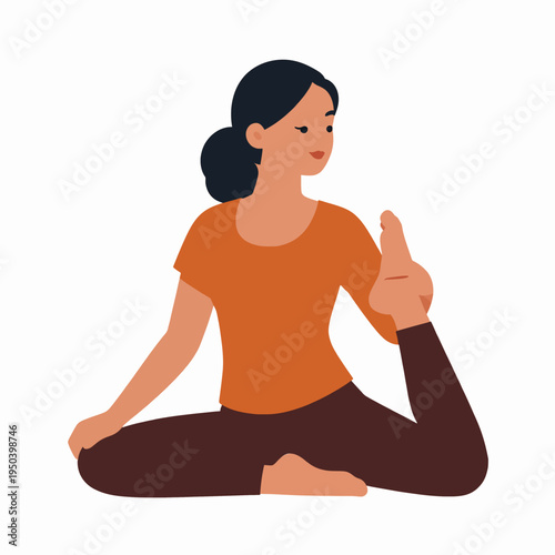 Flat vector illustration of a single young South Asian woman practicing a seated spinal twist yoga pose for fitness and wellness, wearing orange and brown sportswear, isolated on white background.