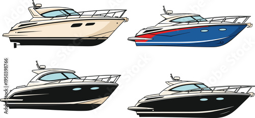 Vector illustration of luxury motor yachts in sleek modern designs with beige, blue, and black color schemes for nautical artwork