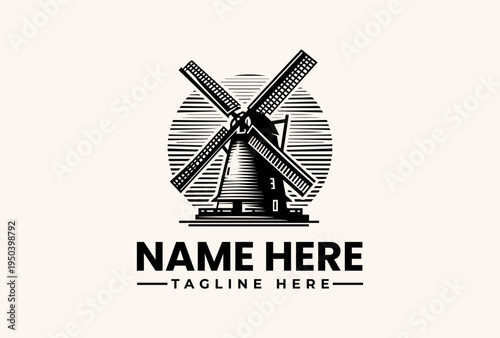 A black and white illustration of a windmill logo with a circular background and sample text on a beige background, conveying a classic and industrial feel.