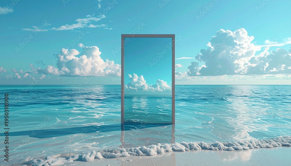 Fototapeta premium Surreal frameless mirror standing upright in shallow tropical ocean water reflecting the bright blue sky.
