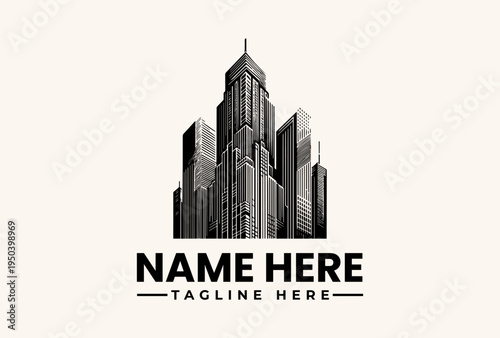 A monochromatic illustration of a stylized cityscape with skyscrapers and a generic template for a logo or pictogram on a beige background.