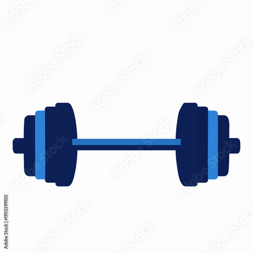 Single heavy steel barbell with weighted plates for weightlifting and bodybuilding in a home gym, blue flat vector illustration representing strength and fitness, minimalist equipment design.