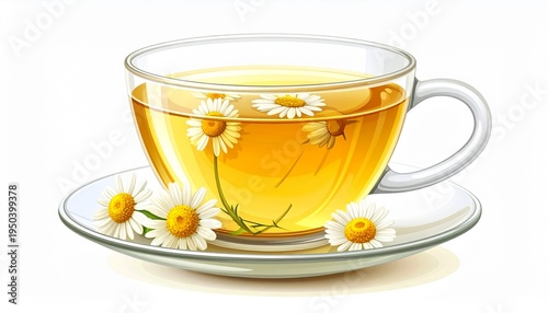 Soothing Herbal Chamomile Tea in Glass Cup with Fresh Daisies, Isolated Vector Illustration for Wellness and Health Concepts