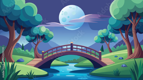 A serene night landscape featuring a wooden bridge over a calm river under a large glowing moon