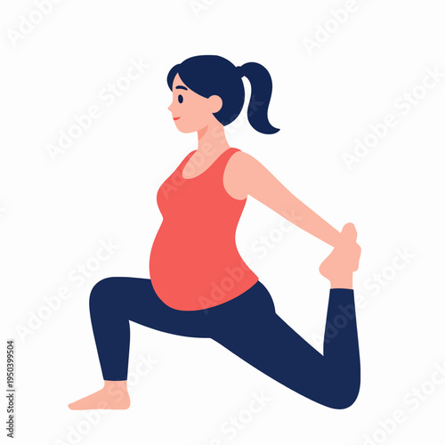 Flat vector illustration of a single East Asian pregnant woman practicing half moon yoga pose for prenatal fitness and wellness, wearing red tank top and navy leggings, isolated on white background