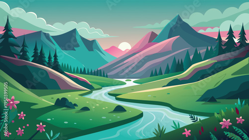 A serene landscape featuring a winding river flowing through a lush green valley at sunset time