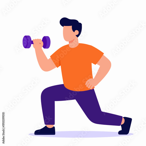 A focused adult White man performing a dumbbell bicep curl in a lunge position during a workout at the gym, representing fitness and a healthy lifestyle, minimalist flat vector art.