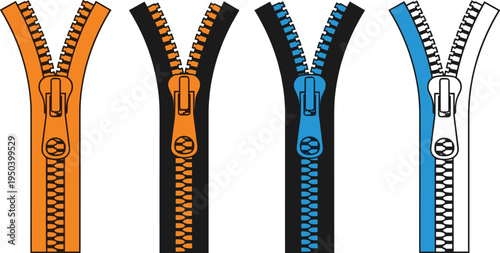 Vector illustration of colorful zippers in orange, black, blue, and white designs for fashion and product artwork