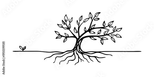 Tree with roots and leaves elegantly drawn in a continuous single line art style representing life and growth. vector icon