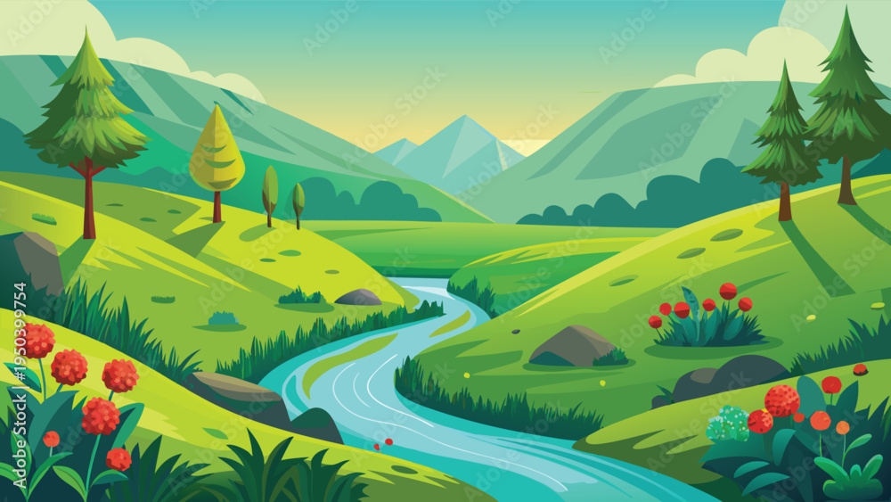 Obraz premium A serene vector landscape featuring a winding river flowing through lush green hills and mountains
