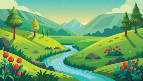 A serene vector landscape featuring a winding river flowing through lush green hills and mountains