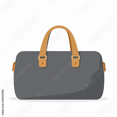 Minimalist Flat Vector Illustration of a Single Charcoal Grey and Tan Leather Duffel Bag, Professional Gym and Travel Gear Icon Isolated on White Background for Fitness and Adventure Concepts
