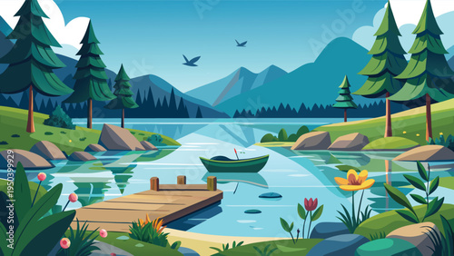 A serene landscape featuring a wooden pier extending into a calm blue lake with mountains behind
