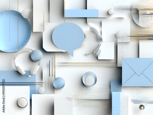Minimal digital messaging background with large speech bubble headphones and envelope elements in soft blue palette