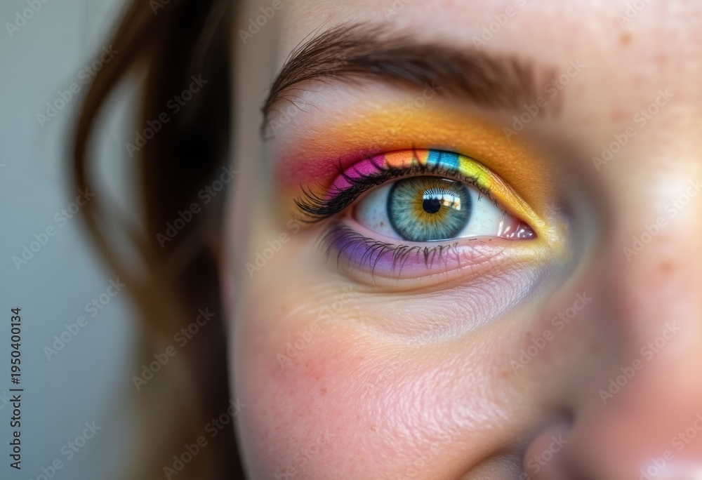 Fototapeta premium Close up of a woman eye with colorful makeup, beauty and skincare concept, vibrant cosmetics look, fashion portrait detail, creative style.
