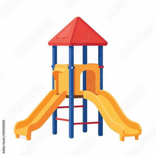Single colorful outdoor playground climbing tower with a red roof and a yellow slide for children, flat vector illustration of backyard recreational equipment for active kids, park leisure concept.