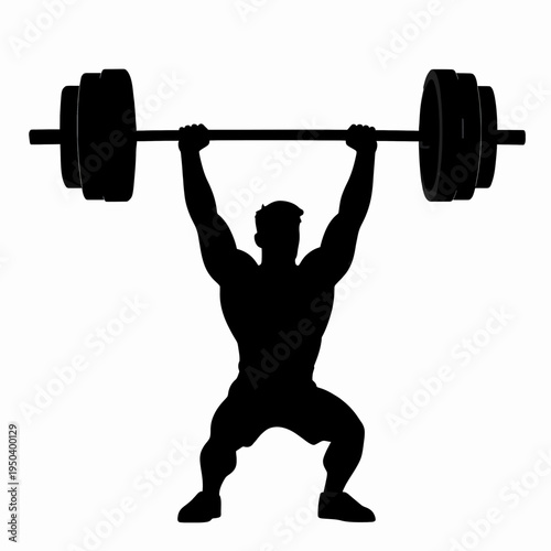 Powerful black silhouette of a strong male weightlifter performing an overhead press with a heavy barbell in a gym setting, minimalist flat vector illustration representing fitness