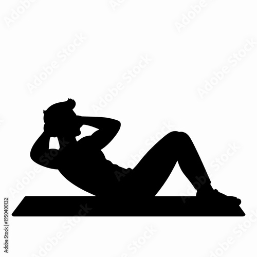 Flat vector illustration of a single White adult man performing a core abdominal crunch exercise on a fitness mat indoors in a gym, minimalist health and wellness concept icon isolated on white.