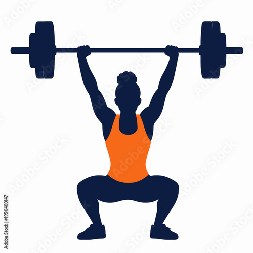 Powerful young adult Black African American woman weightlifter lifting a heavy barbell over her head at a gym, fitness and strength concept, minimalist flat vector illustration isolated on white.