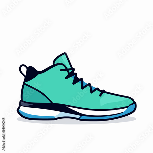 Single teal and blue high-top basketball sneaker, professional flat vector illustration of modern athletic footwear for sports and fitness concept, isolated on white background.