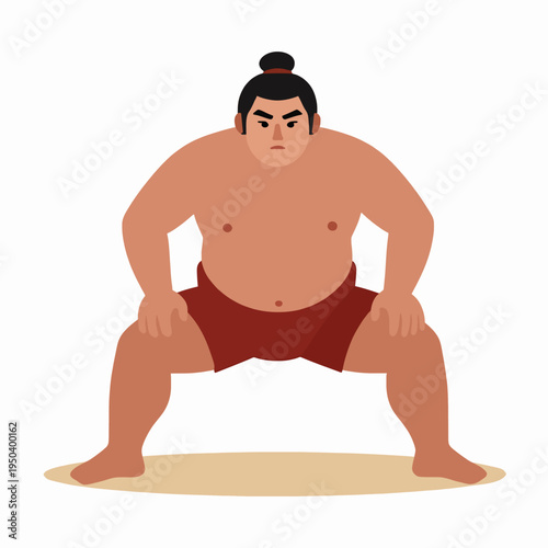 Powerful Japanese adult man sumo wrestler in a traditional crouched stance on a dohyo ring, wearing a dark mawashi belt, minimalist flat vector art representing strength and heritage.