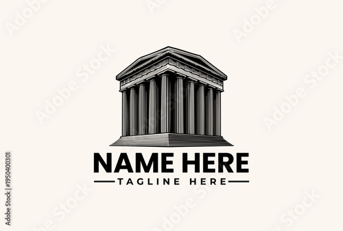 A grayscale illustration of a building with columns and a triangular roof, accompanied by placeholder text for a name and tagline, set against a plain background.