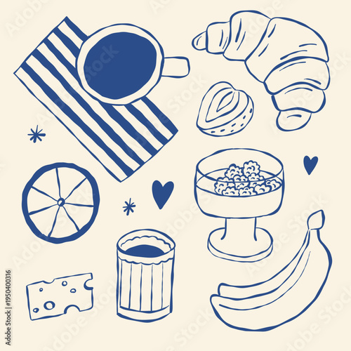Expressive line art featuring breakfast essentials and whimsical accents for branding purposes