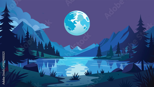 A serene night landscape featuring a glowing full moon over a calm lake surrounded by pine forests