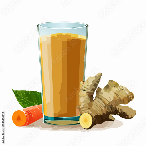Healthy Fresh Carrot and Ginger Juice in Glass Vector Illustration Isolated on White Background