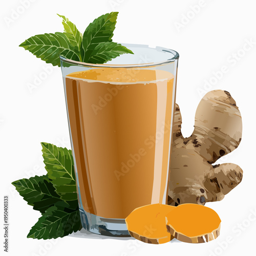 Healthy Homemade Ginger and Turmeric Detox Smoothie Illustration with Fresh Mint Leaves and Sliced Root Ingredients Isolated on White Background