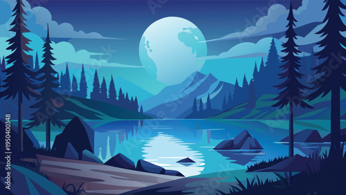 A serene blue night landscape featuring a large glowing full moon over a calm mountain lake scene
