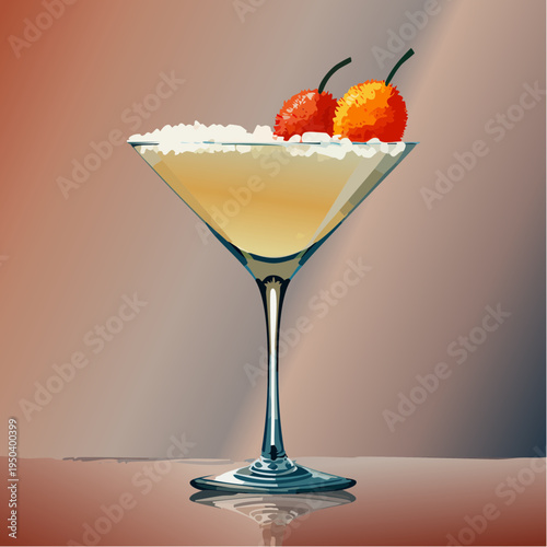 Sophisticated Lychee Martini Cocktail Illustration in a Sleek Glass with Fresh Fruit Garnish